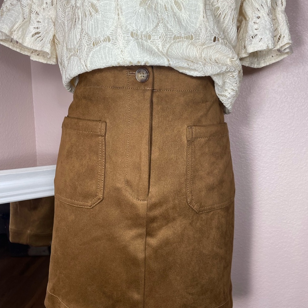 LOFT Faux‎ Suede Mini Skirt Camel Western Boho Festival Patch Pocket Size 6